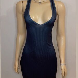 Blue Ribbed Bodycon Maxi Dress with Halter Neckline for Night Out